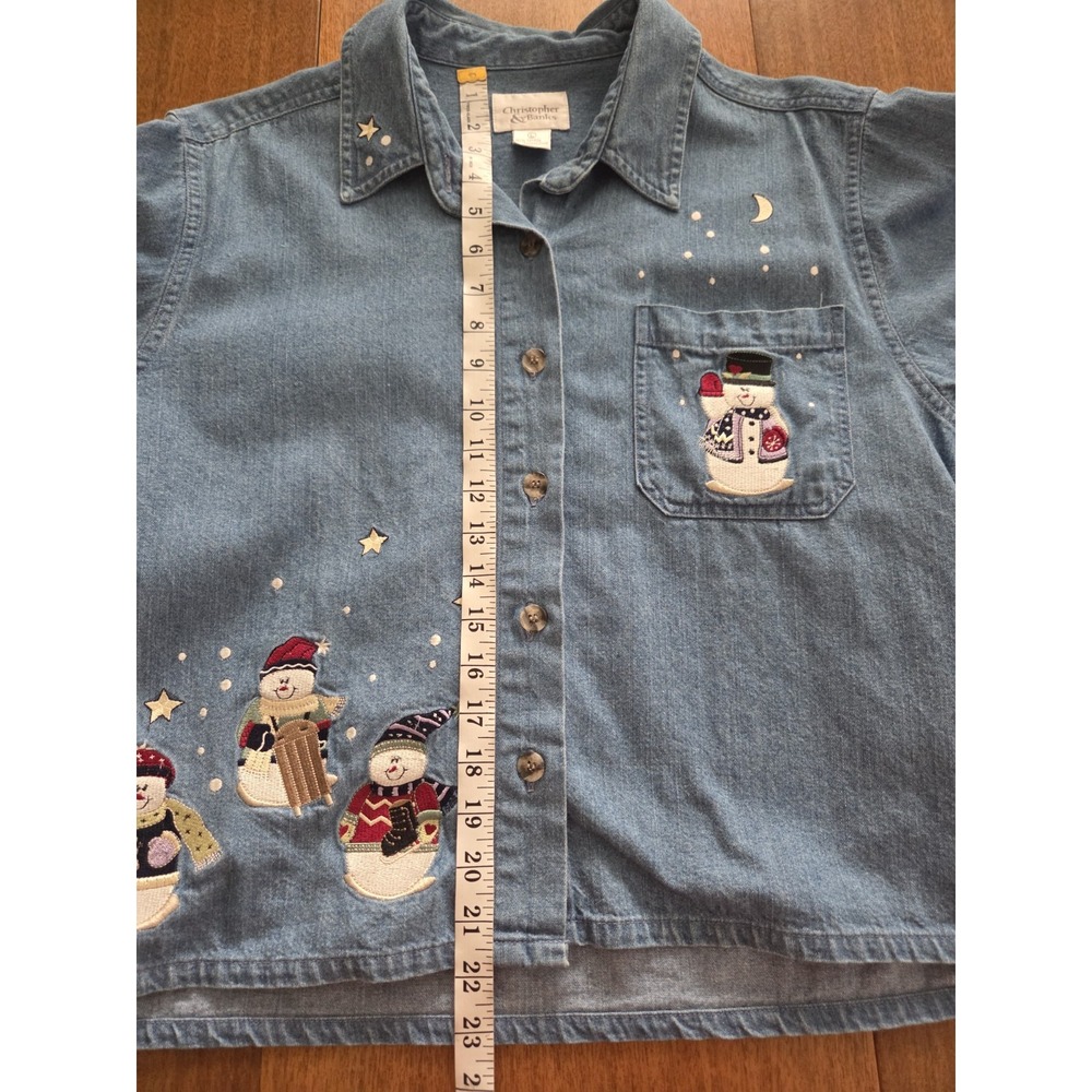 Vtg Christopher & Banks Chambray Snowman Button Up Top Women's Large Frosty Xmas - Picture 7 of 13